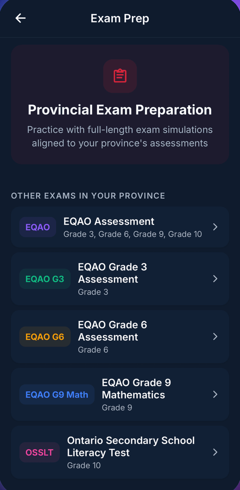 MapleMind Exam Prep screen listing provincial assessments as full simulations