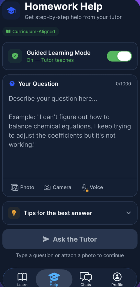 MapleMind Homework Help screen with Guided Learning Mode switched on