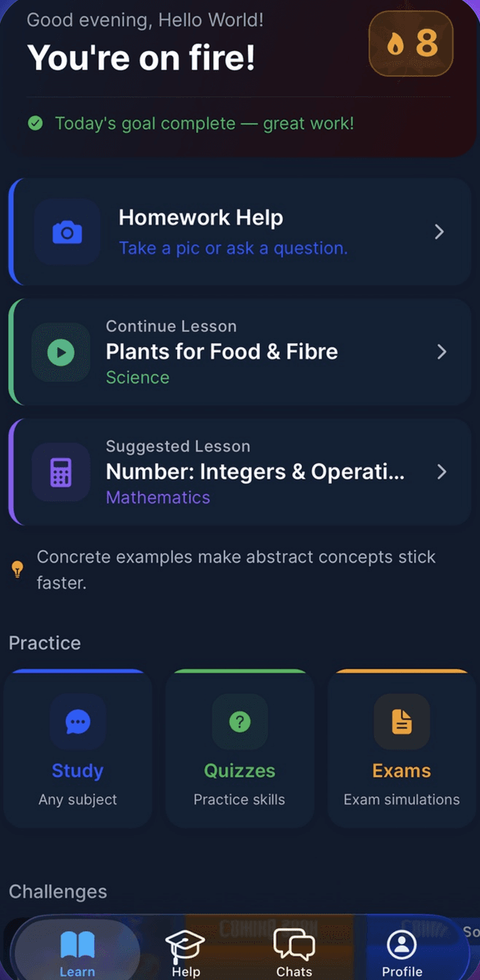 MapleMind Learn tab: streak counter, homework help shortcut, and the next lesson ready to continue